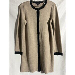 Ann Taylor Sweater Cardigan Duster Medium Vtg Wool Blend Taupe/Black Work Office